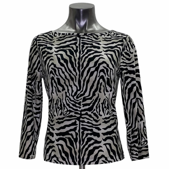 BLACK Tan Zebra Print Long Sleeve Boat Neck Top - Picture 1 of 11